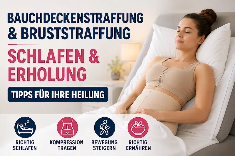 Bauchdeckenstraffung Heilung Tipps: Patientin ruht erhöht in Rückenlage mit Kompression nach Bauch- und Bruststraffung.