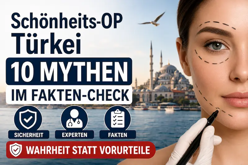 Cover zum Ratgeber „Schönheits-OP Türkei mythen“ mit Istanbul, Patientin und Symbolen für Sicherheit, Experten und Fakten.