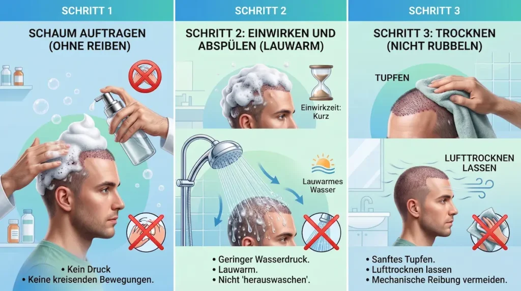 Haare waschen nach Haartransplantation: Infografik zeigt Schaum auftragen, lauwarm abspülen und die Kopfhaut ohne Rubbeln trocknen.