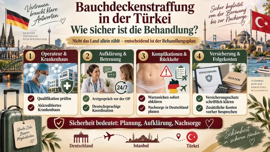 Bauchdeckenstraffung Türkei: Infografik zu Operateur, Krankenhaus, Aufklärung, Nachsorge, Komplikationen und Versicherung.