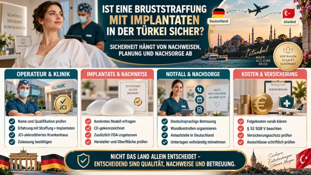 Infografik zur Sicherheit einer Bruststraffung mit Implantaten in der Türkei mit wichtigen Kriterien für Klinik, Operation und Nachsorge.