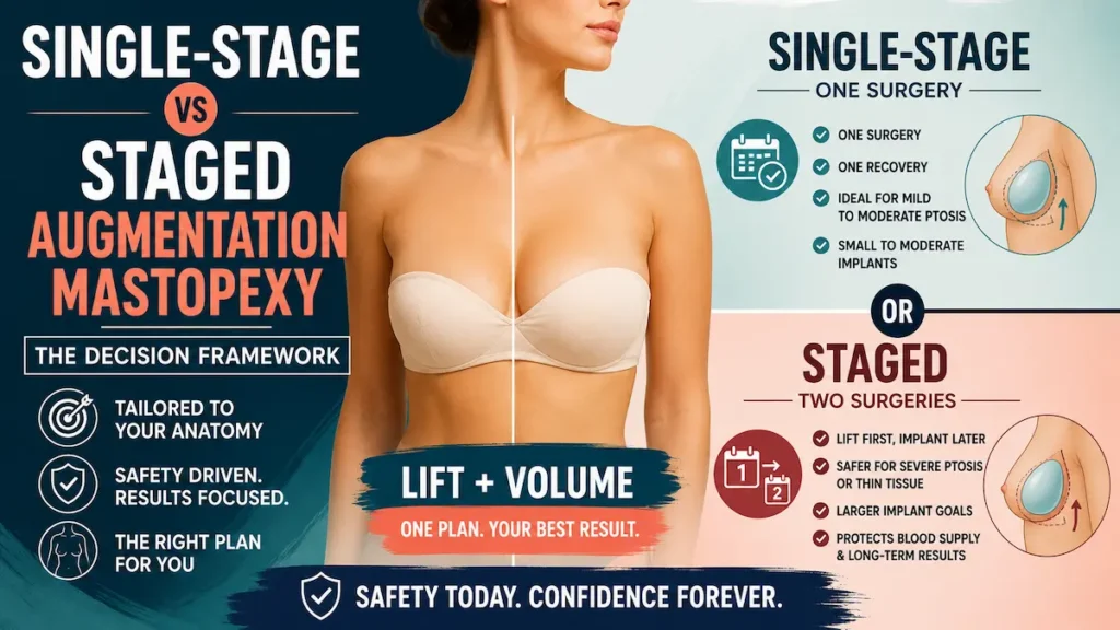 Single-Stage vs Staged Augmentation Mastopexy comparison showing one-surgery and two-surgery breast lift with implants options.