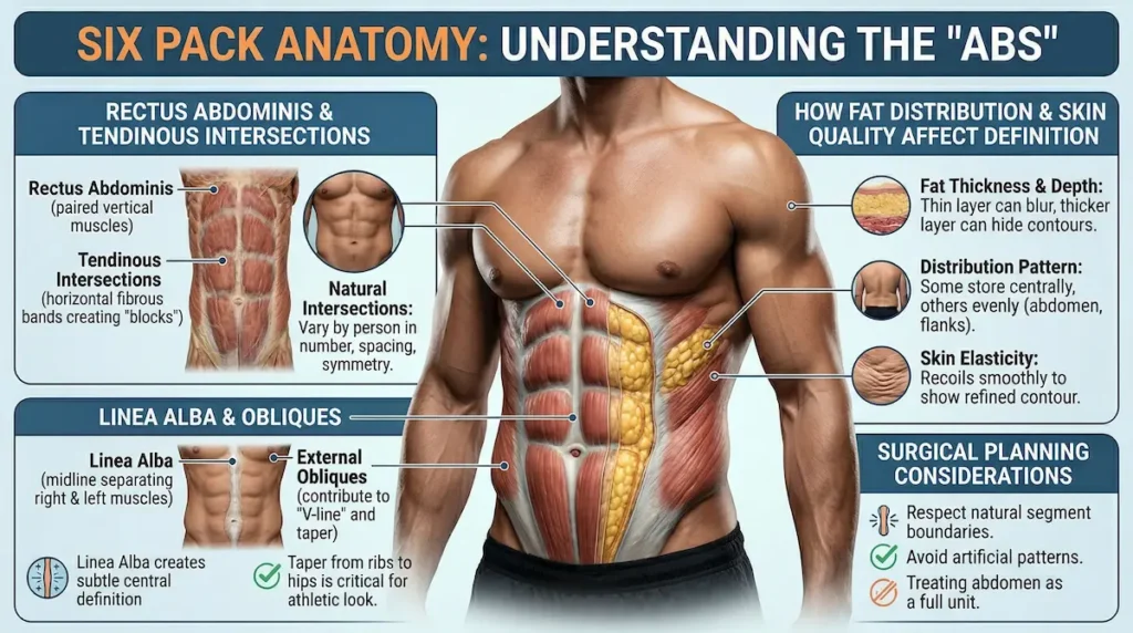 Six pack surgery anatomy infographic showing rectus abdominis, tendinous intersections, linea alba, obliques, and fat distribution effects.