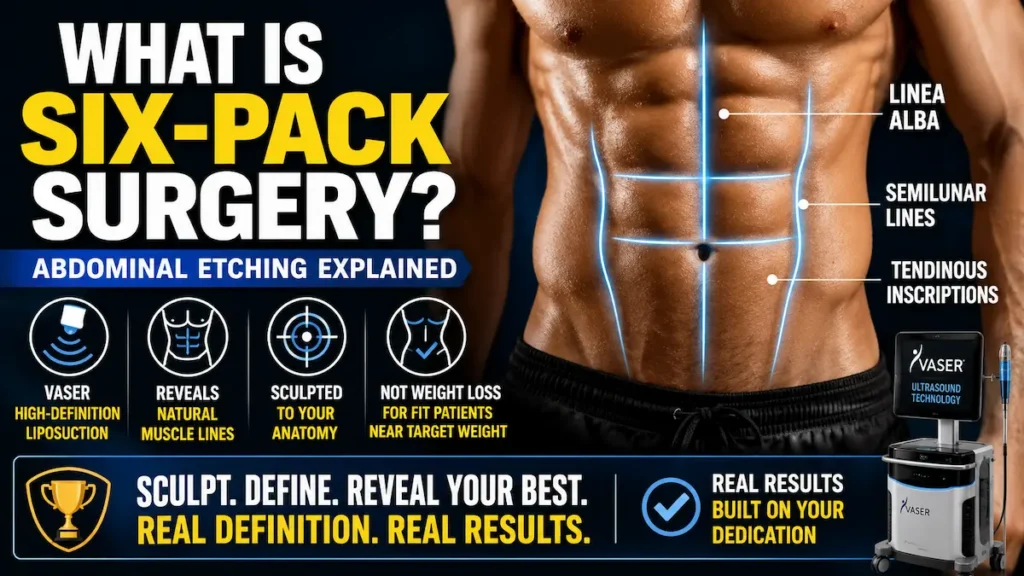 Six-pack surgery diagram showing VASER abdominal etching, linea alba, semilunar lines, and natural muscle definition.