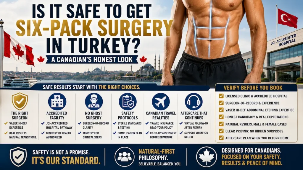 Six-pack surgery in Turkey safety guide for Canadian patients showing accredited hospital standards, surgeon verification, travel planning, and aftercare.