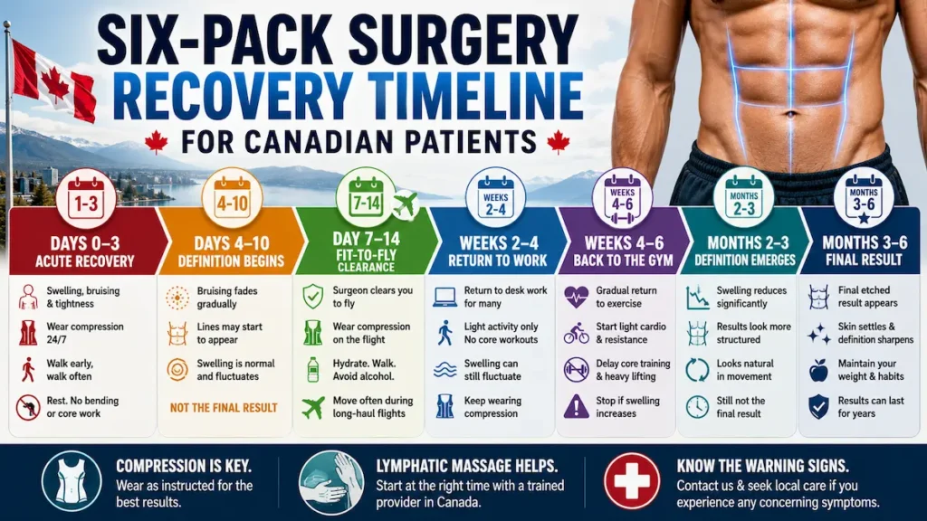 Six-pack surgery recovery timeline for Canadian patients showing swelling, fit-to-fly clearance, return to work, gym recovery, and final results.