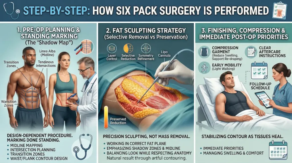 Six pack surgery step-by-step infographic showing standing markings, selective fat sculpting with liposuction, and post-op compression and follow-up.