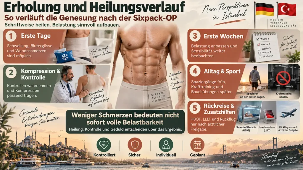 Sixpack-OP: Infografik zu Heilungsverlauf, Kompression, Kontrollen, Sportpause, HBOT, LLLT und ärztlich freigegebener Rückreise.