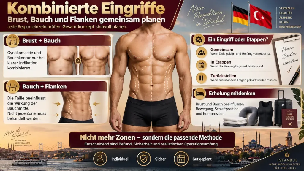 Sixpack-OP mit kombinierter Brust-, Bauch- und Flankenkonturierung: Infografik zu Gynäkomastie, Etappenplanung und Erholung.