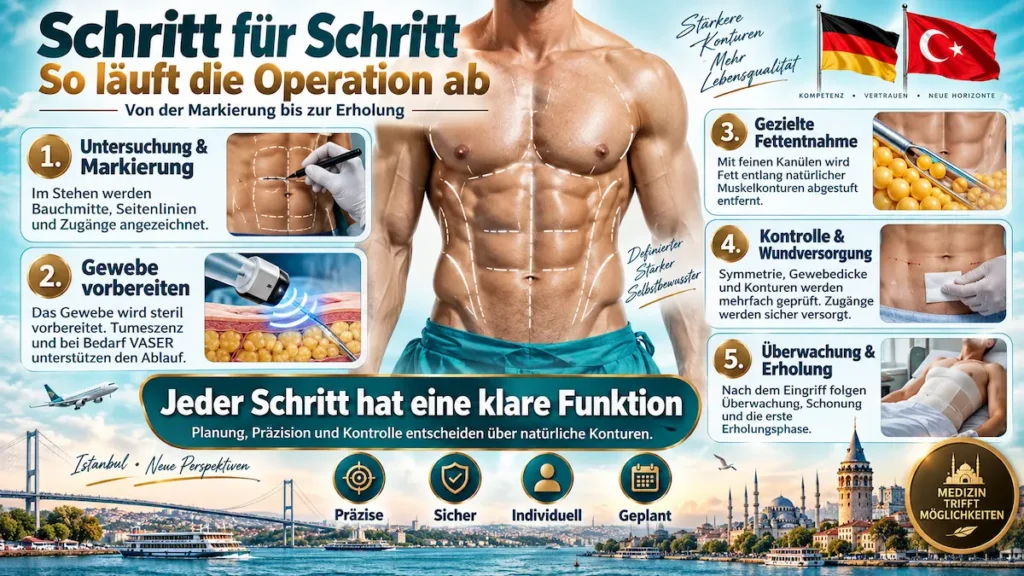 Sixpack-OP Schritt für Schritt: Infografik mit Markierung, Gewebevorbereitung, gezielter Fettentnahme, Wundversorgung und Erholung.