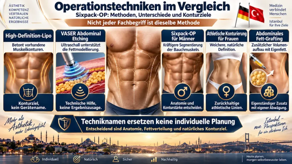 Sixpack-OP: Vergleich von High-Definition-Lipo, VASER Abdominal Etching, Athletic Etching und abdominalem Fett-Grafting.