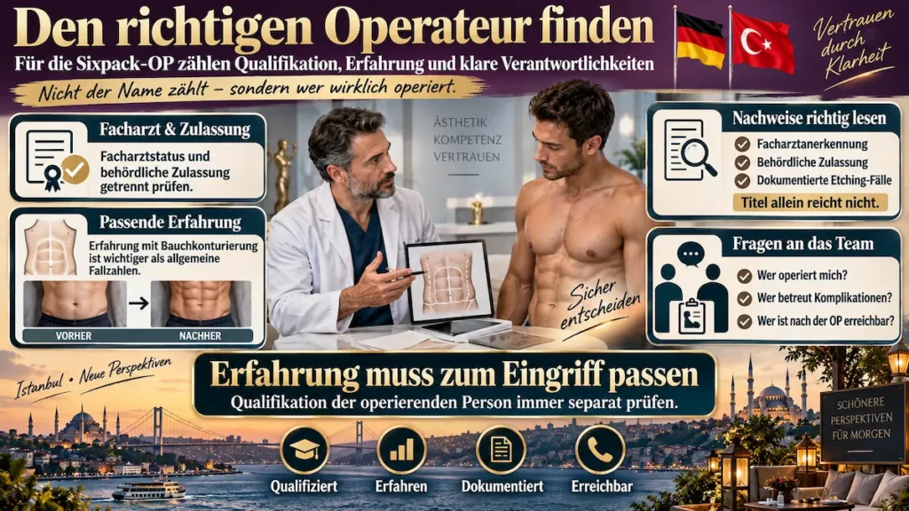 Sixpack-OP: Infografik zur Wahl des richtigen Operateurs mit Facharztstatus, Zulassung, Etching-Erfahrung und klaren Zuständigkeiten.