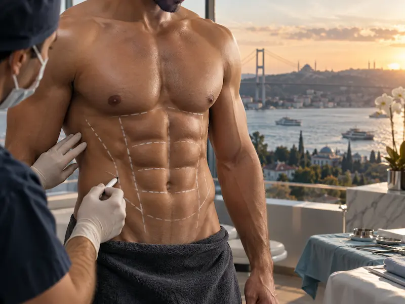 Sixpack-OP in der Türkei: Arzt markiert vor dem Eingriff die natürlichen Bauchmuskelkonturen für das Abdominal Etching.