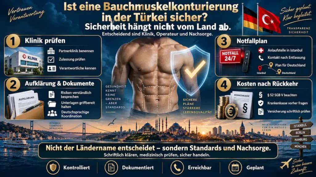 Sixpack-OP in der Türkei: Infografik zu Klinikprüfung, Aufklärung, Notfallplan, Nachsorge und § 52 SGB V.