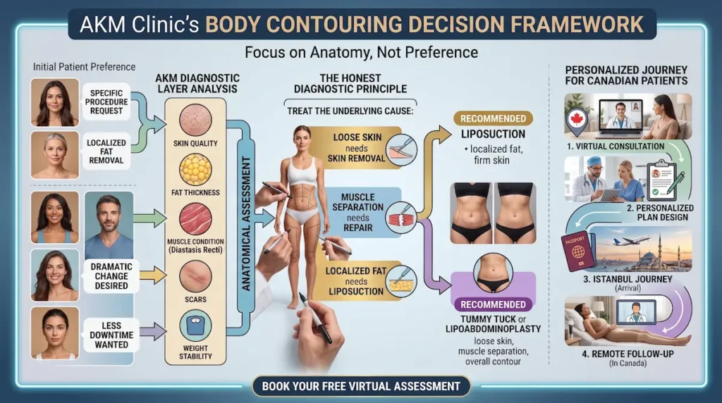 Tummy tuck vs liposuction decision framework showing skin quality, fat thickness, muscle condition, and Canadian patient planning.