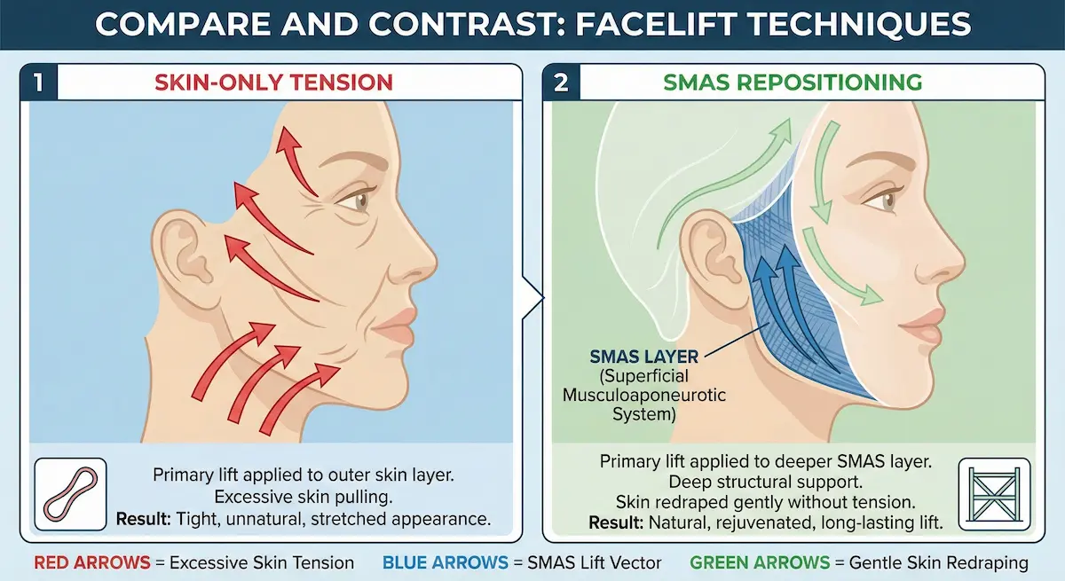 Comparative diagram showing the difference between a traditional skin-only facelift (red arrows showing tension) and a SMAS facelift (blue arrows showing structural lift), highlighting the natural results of the SMAS technique.