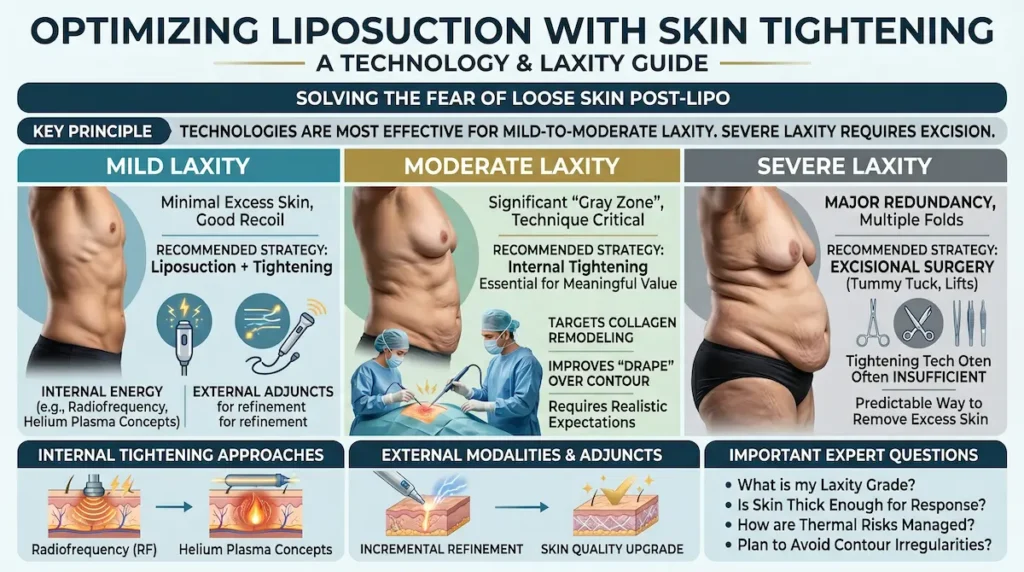 Skin tightening technologies used with liposuction infographic showing mild, moderate, and severe laxity pathways for liposuction with skin tightening planning.