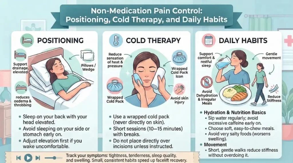 Pain management after facelift infographic showing non-medication pain control: sleeping position and head elevation, cold therapy, hydration, nutrition, and gentle movement.