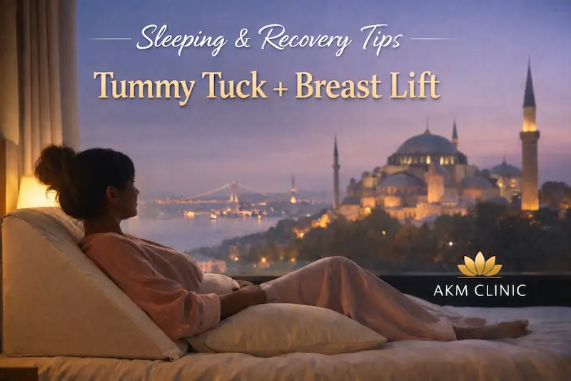 Recovery After Tummy Tuck: UK patient sleeping upright in a supported position after tummy tuck and breast lift.