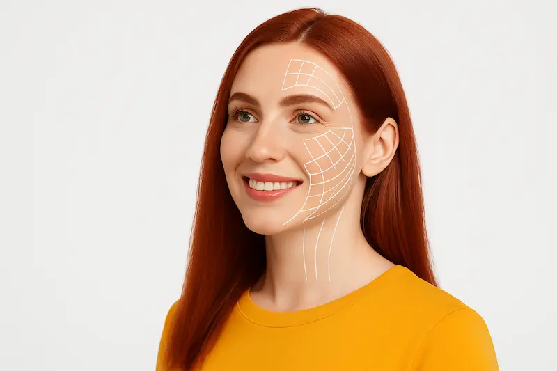 Smiling young woman with facial lifting lines on cheek and neck, illustrating smas vs deep plane facelift in Turkey at AKM Clinic, Istanbul.