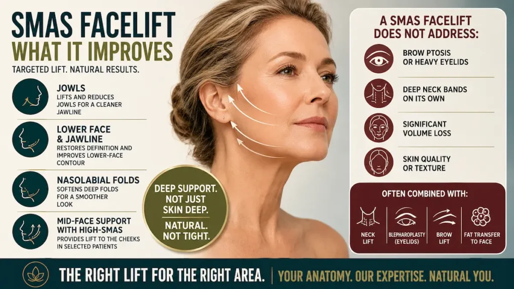 SMAS facelift infographic showing improvements in jowls, lower face, jawline, nasolabial folds, and mid-face support.