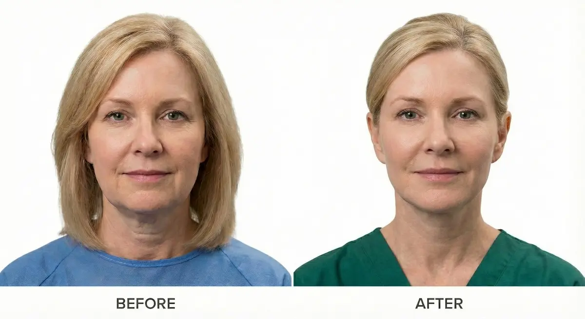 Before and after comparison of a blonde female patient in her 50s showing natural facial rejuvenation, defined jawline, and reduced nasolabial folds following a SMAS facelift.