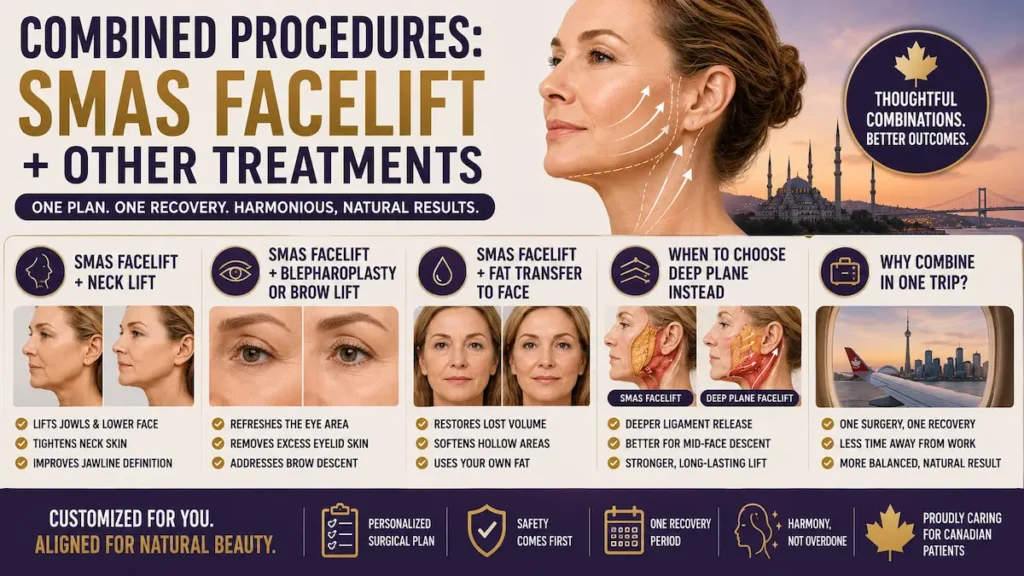 SMAS facelift combined procedures infographic showing neck lift, blepharoplasty, brow lift, fat transfer to face, and deep plane facelift comparison.