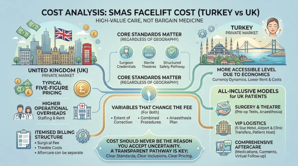 SMAS Facelift cost Turkey vs UK infographic comparing private pricing, core safety standards, and all-inclusive inclusions