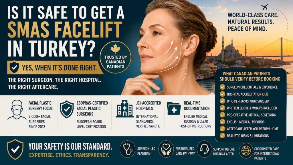 SMAS facelift in Turkey safety infographic showing surgeon credentials, JCI-accredited hospitals, medical records, aftercare, and Canadian patient verification steps.