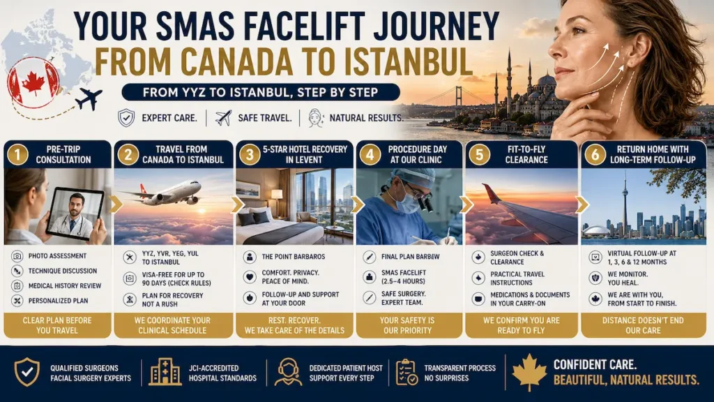 SMAS facelift journey from Canada to Istanbul showing consultation, travel, hotel recovery, surgery, fit-to-fly clearance, and follow-up.