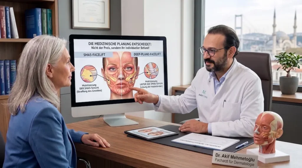 SMAS oder Deep Plane Facelift im Beratungsgespräch mit anatomischem Vergleich, Kostenübersicht und individueller Befundplanung.