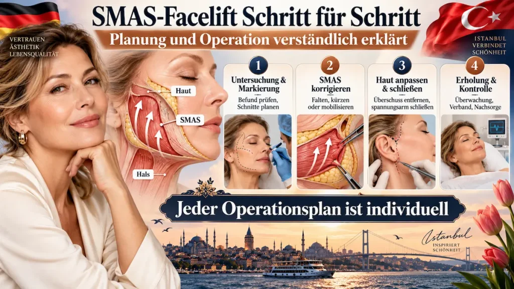 Infografik zum SMAS-Facelift: Untersuchung, Gewebekorrektur, Hautanpassung mit Wundverschluss und Kontrolle.