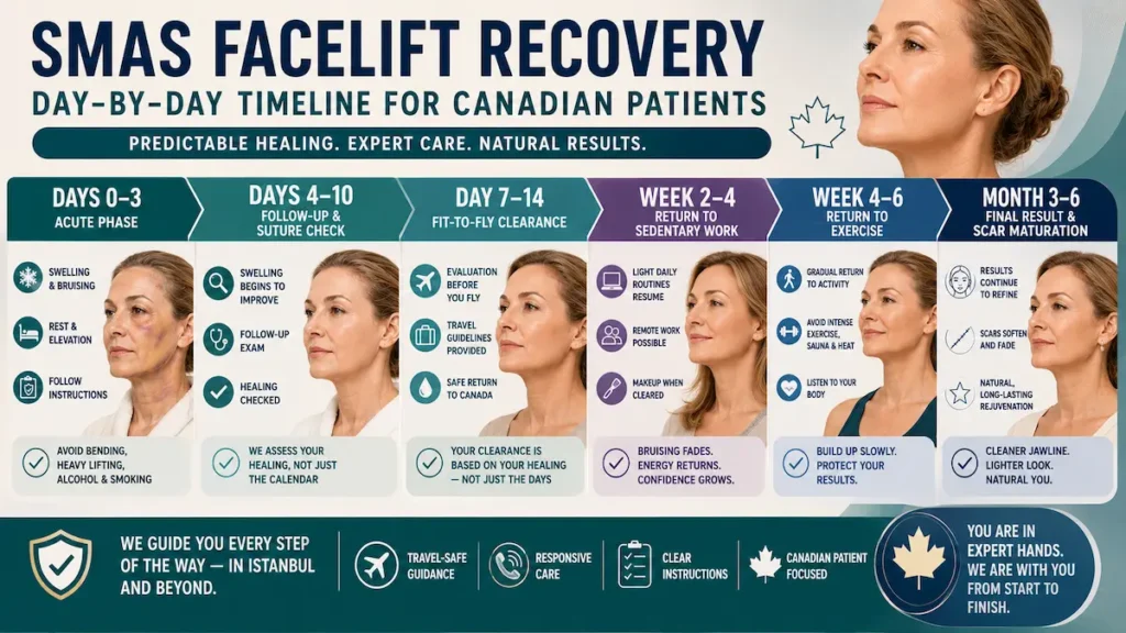 SMAS facelift recovery timeline infographic showing day-by-day healing stages, fit-to-fly clearance, return to work, exercise, and scar maturation.