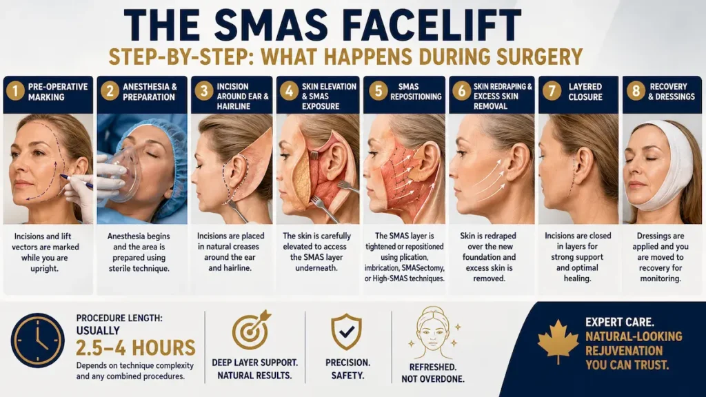 SMAS facelift surgery infographic showing pre-operative marking, anesthesia, incision, SMAS repositioning, skin redraping, layered closure, and recovery.
