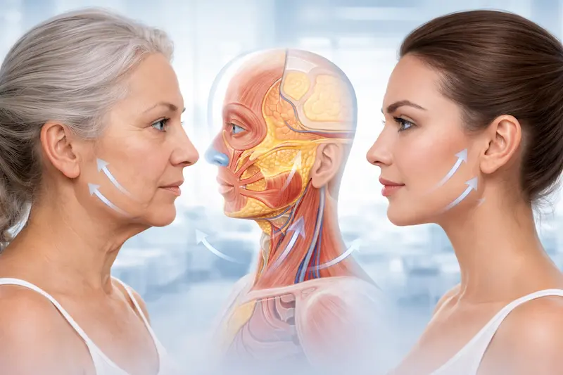 SMAS Facelift surgery illustration showing SMAS layer repositioning and lifting vectors for a defined jawline