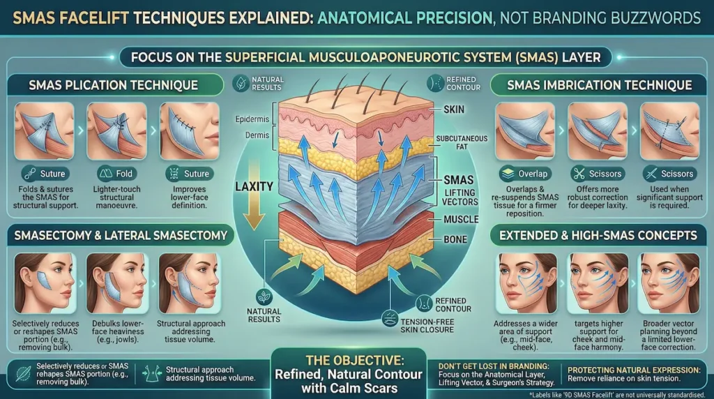 SMAS Facelift techniques infographic showing plication, imbrication, SMASectomy and lifting vectors for natural contour
