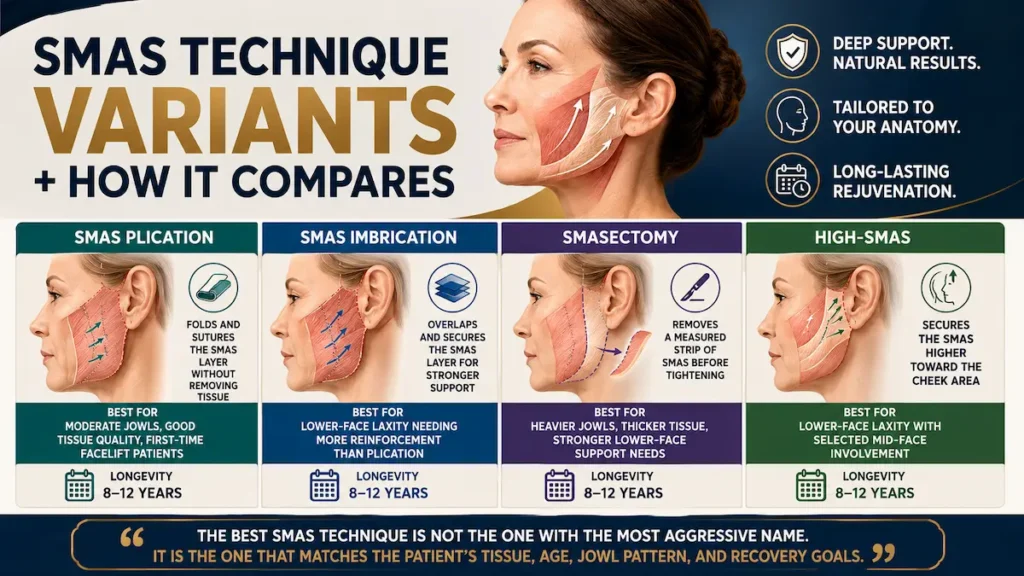 SMAS facelift technique variants infographic comparing SMAS plication, SMAS imbrication, SMASectomy, and High-SMAS for natural lower-face support.