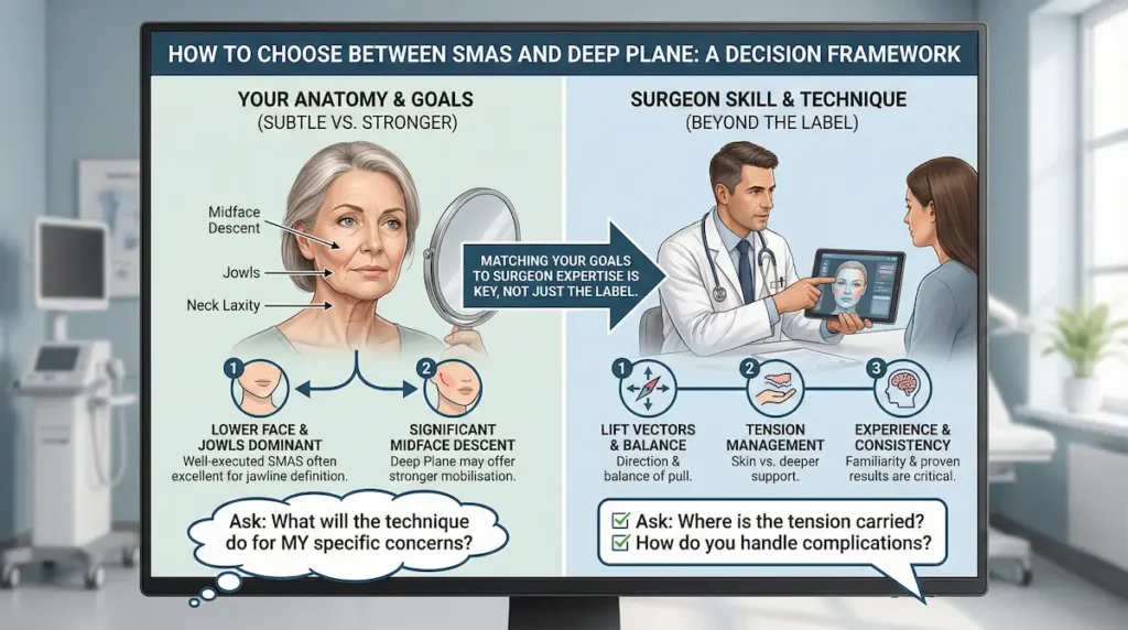 SMAS vs Deep Plane Facelift decision framework infographic showing how anatomy, goals, and surgeon skill influence technique choice, including lift vectors and tension management.