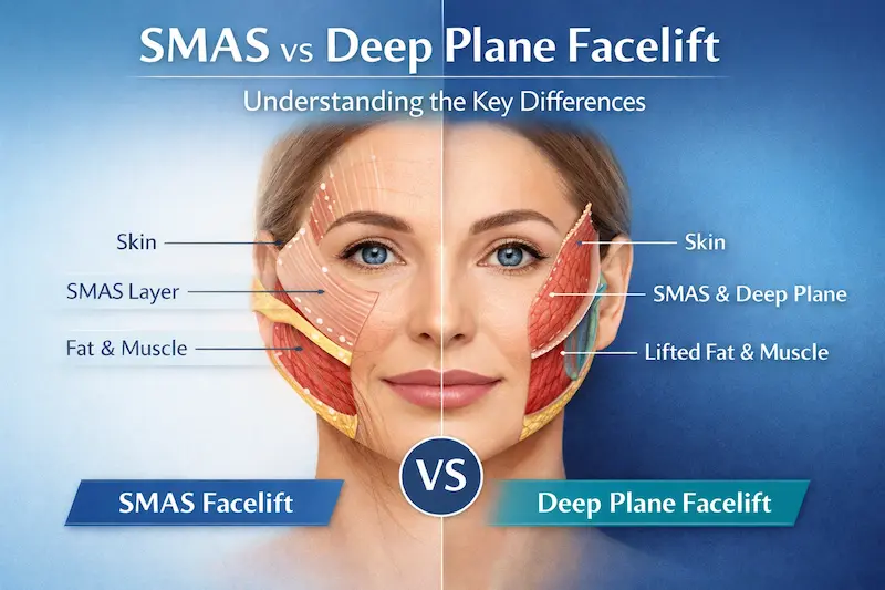 SMAS vs Deep Plane Facelift diagram showing facial layers and lift vectors, comparing SMAS facelift and deep plane facelift techniques.