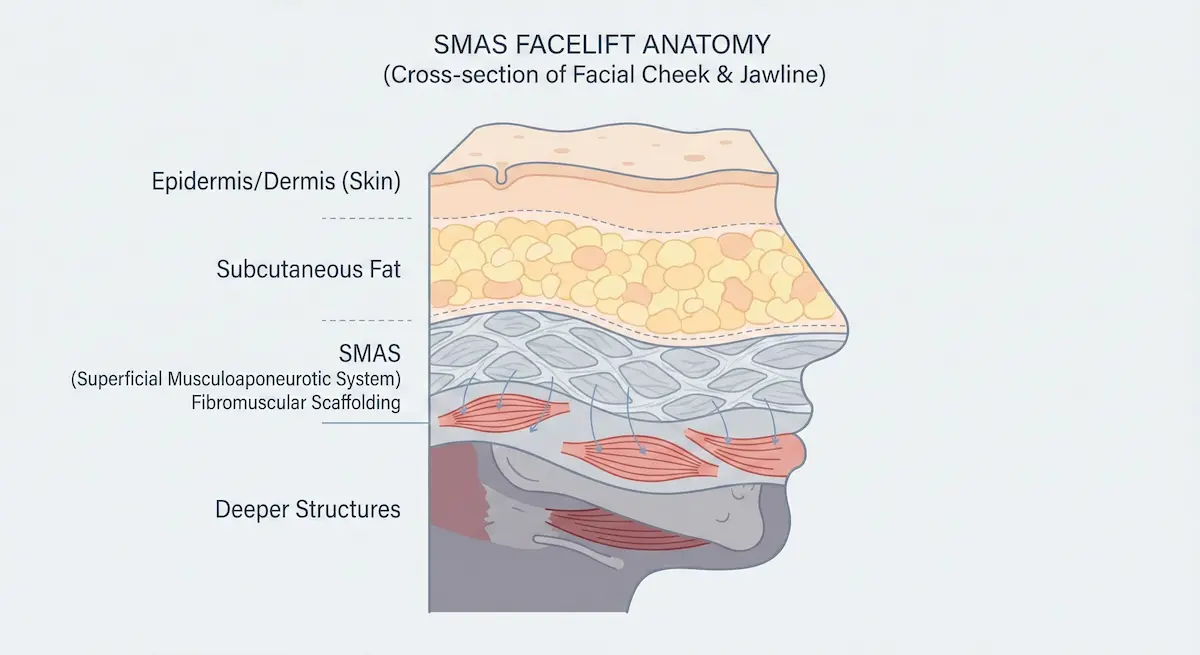 Medical cross-section diagram of the facial tissue layers showing the Epidermis, Subcutaneous Fat, SMAS (Superficial Musculoaponeurotic System), and Deeper Structures.