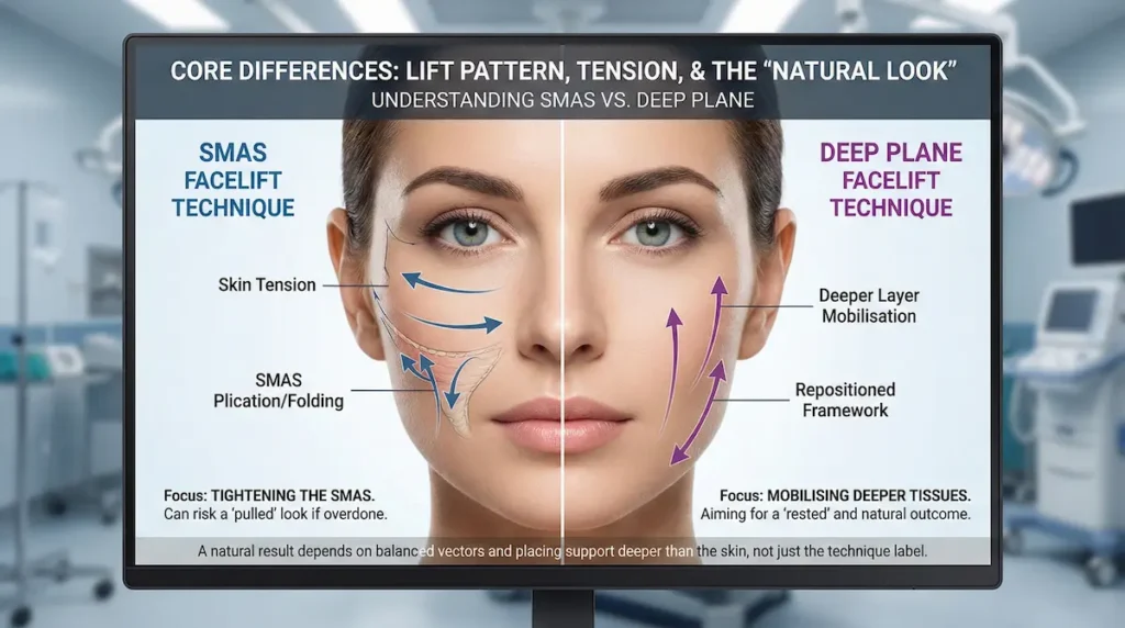 SMAS vs Deep Plane Facelift graphic showing lift pattern and tension differences, comparing skin tension in SMAS technique with deeper layer mobilisation in deep plane facelift.