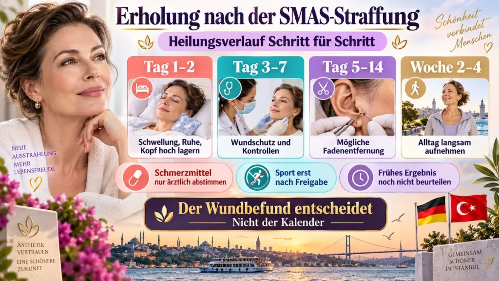 Infografik zur Erholung nach dem SMAS-Facelift: Ruhe, Wundkontrollen, mögliche Fadenentfernung und Rückkehr in den Alltag.