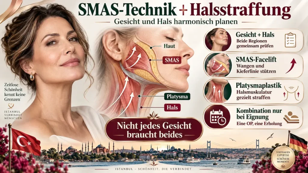 SMAS-Facelift und Halsstraffung: Infografik mit SMAS-Schicht, Platysma und Pfeilen zur Gewebestraffung.