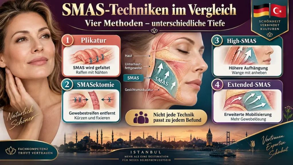 Infografik zum SMAS-Facelift: Plikatur, SMASektomie, High-SMAS und Extended-SMAS mit Gewebeschnitten im Vergleich.