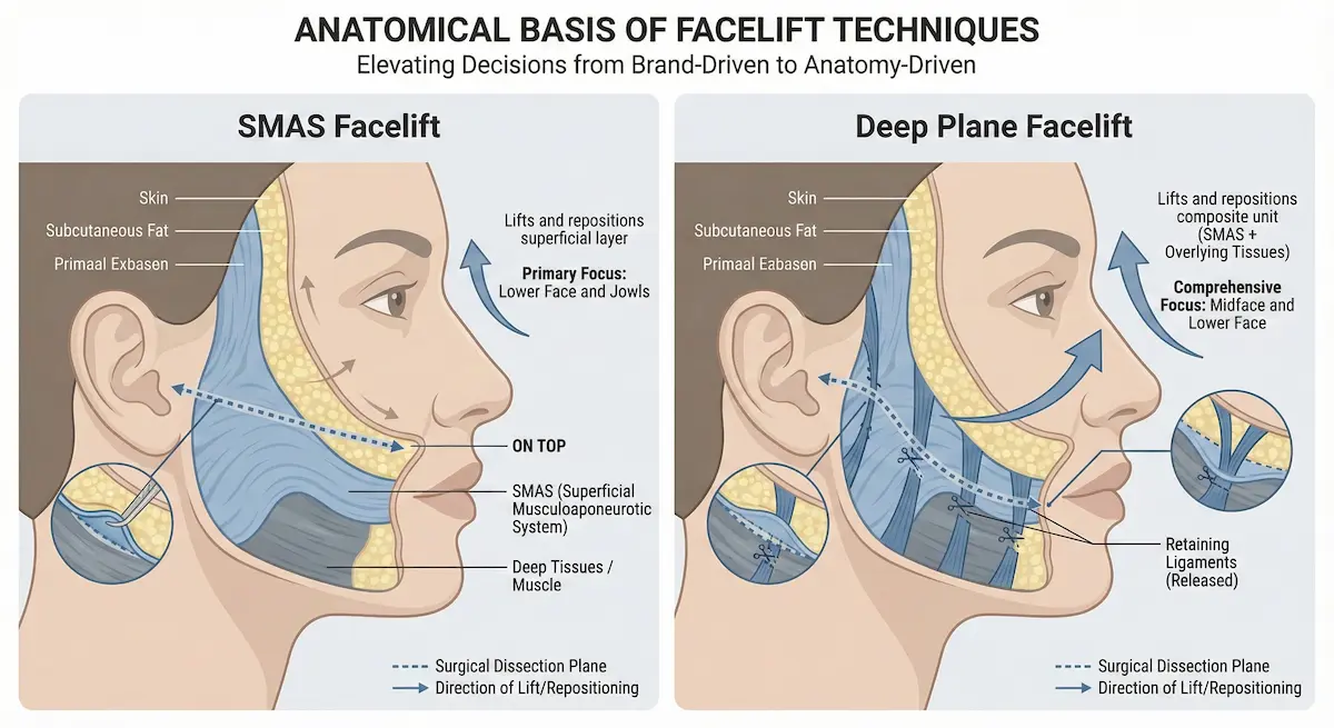 Side-by-side diagrams comparing SMAS facelift and deep plane facelift planes and lift vectors.