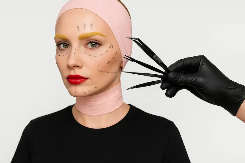 Woman with facial surgery markings and pink bandage during SMAS vs deep plane facelift consultation in Turkey.