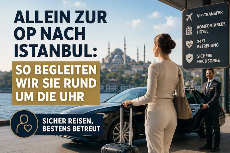 Allein zur OP nach Istanbul: Patientin mit Koffer bei organisiertem VIP-Transfer und persönlicher Betreuung in Istanbul.
