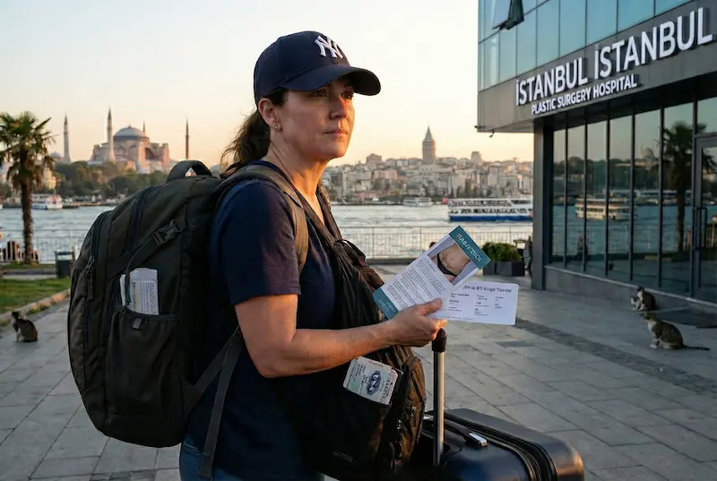 Solo Travel For Plastic Surgery Istanbul: woman with backpack and suitcase holding paperwork outside an Istanbul clinic.