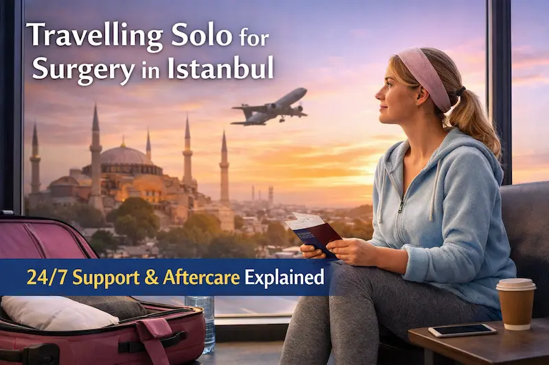 Travelling Solo for Surgery image of a UK patient in an Istanbul airport lounge with luggage and skyline, highlighting 24 7 support and aftercare.
