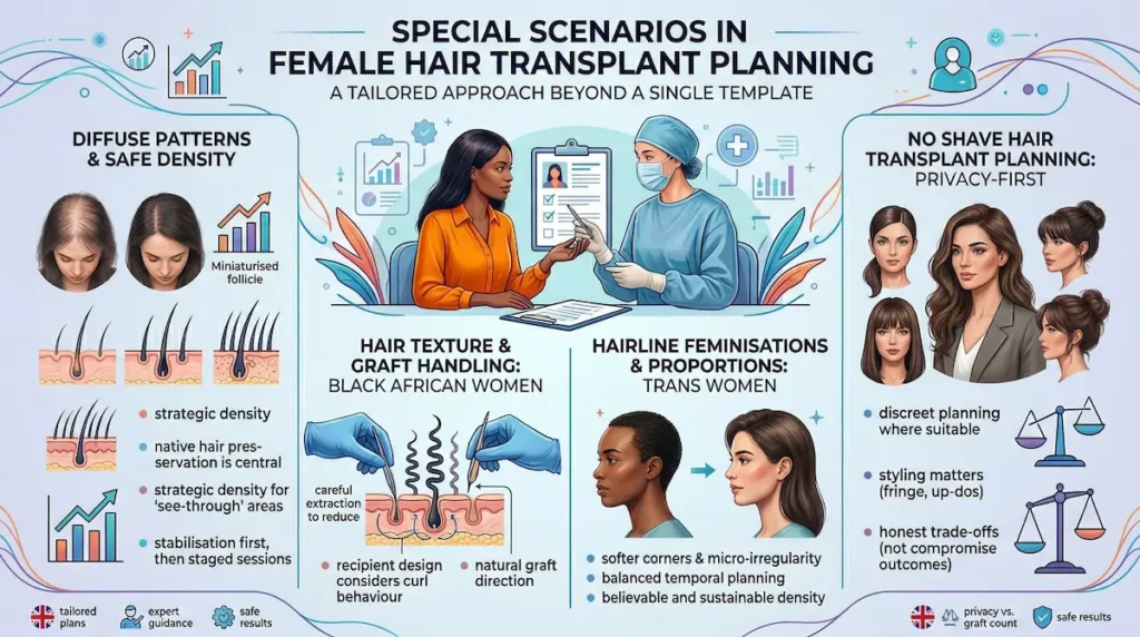 Hair Transplant For Women infographic covering special scenarios: diffuse thinning, Afro-textured hair graft handling, trans women hairline feminisation, and no-shave planning.